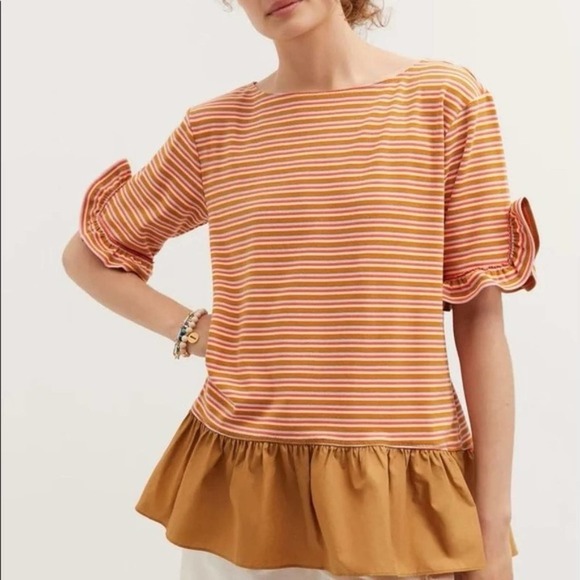 Anthropologie Maeve Ruffled Peplum Striped Top - Picture 1 of 8